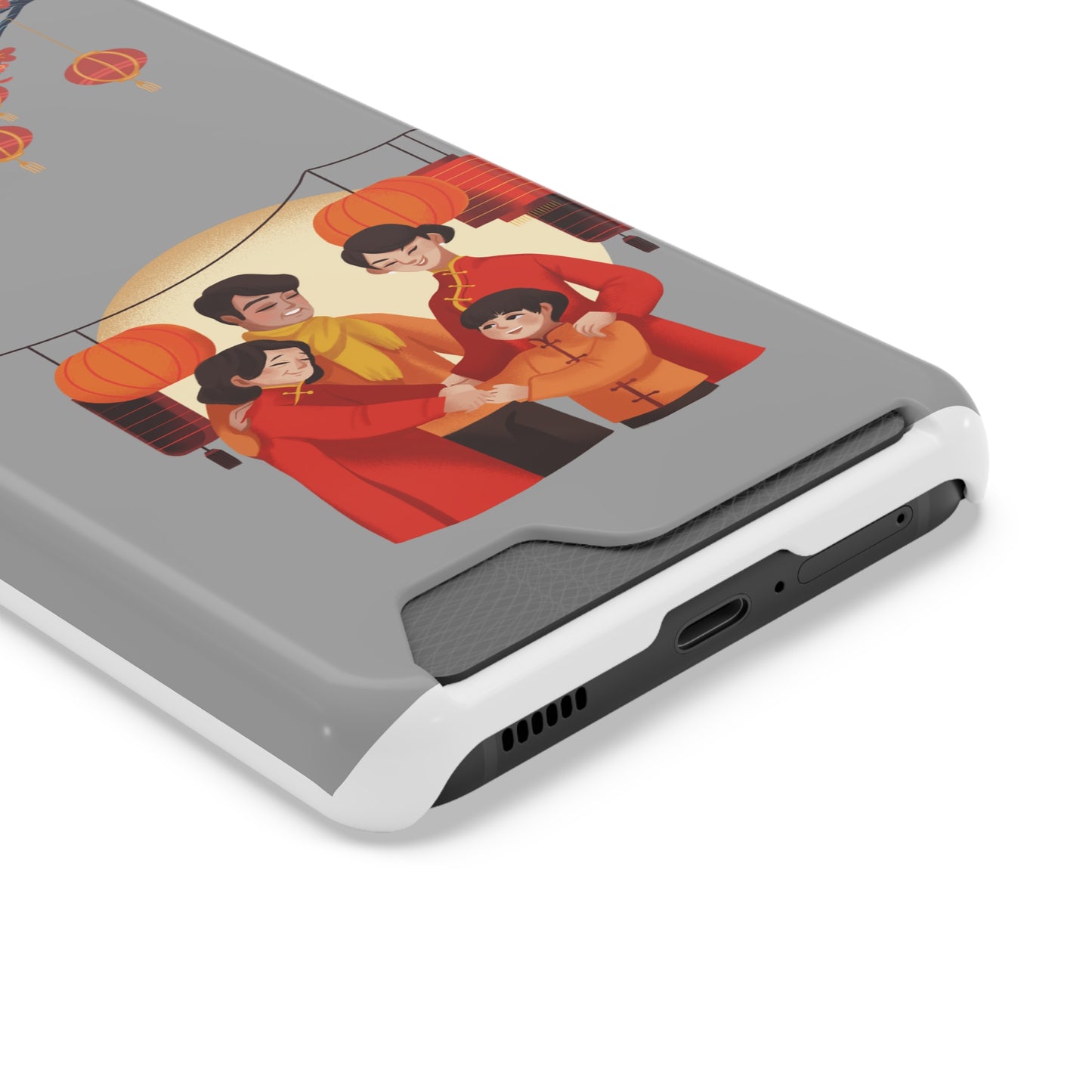 Printed Phone Case With Card Holder in Grey Color