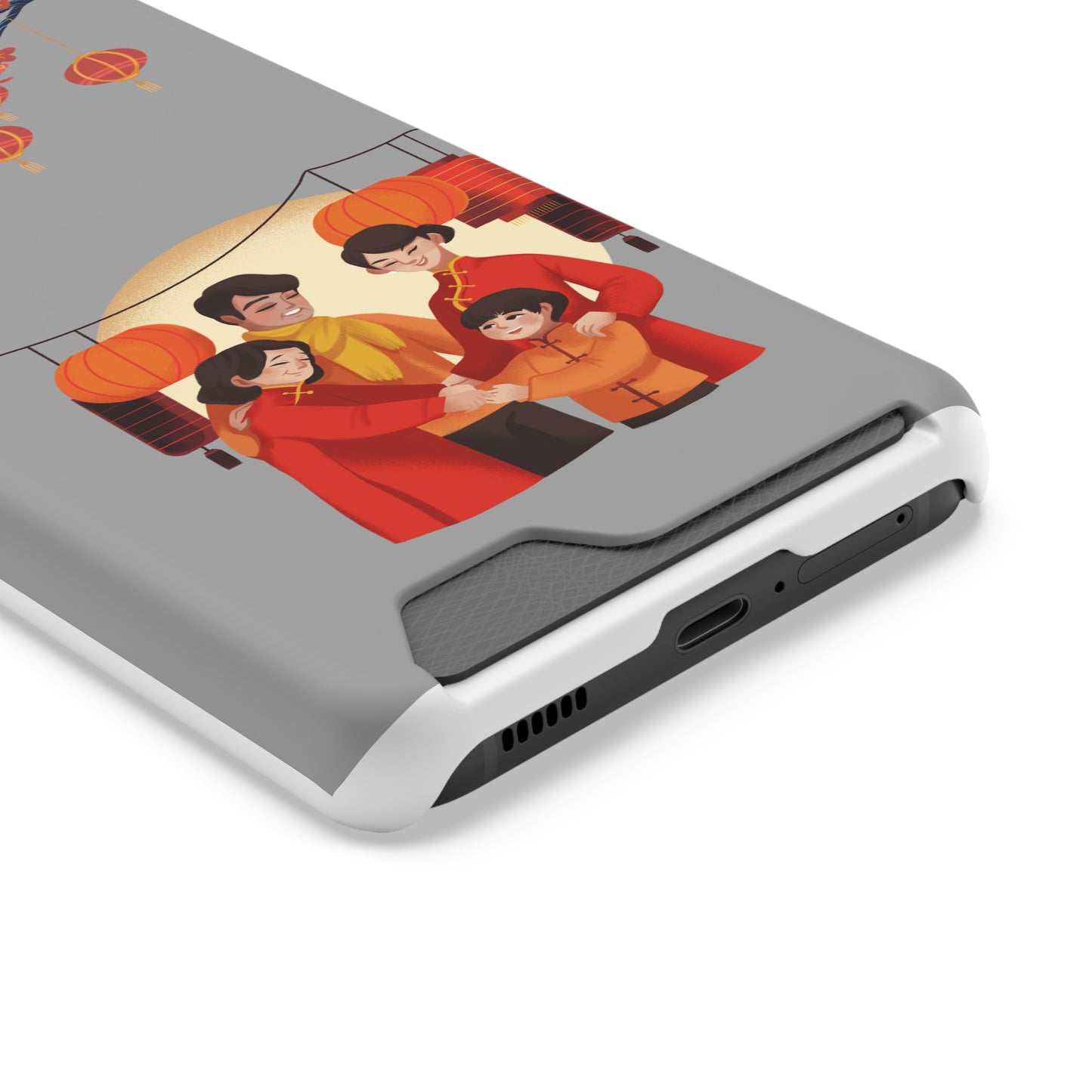 Printed Phone Case With Card Holder in Grey Color